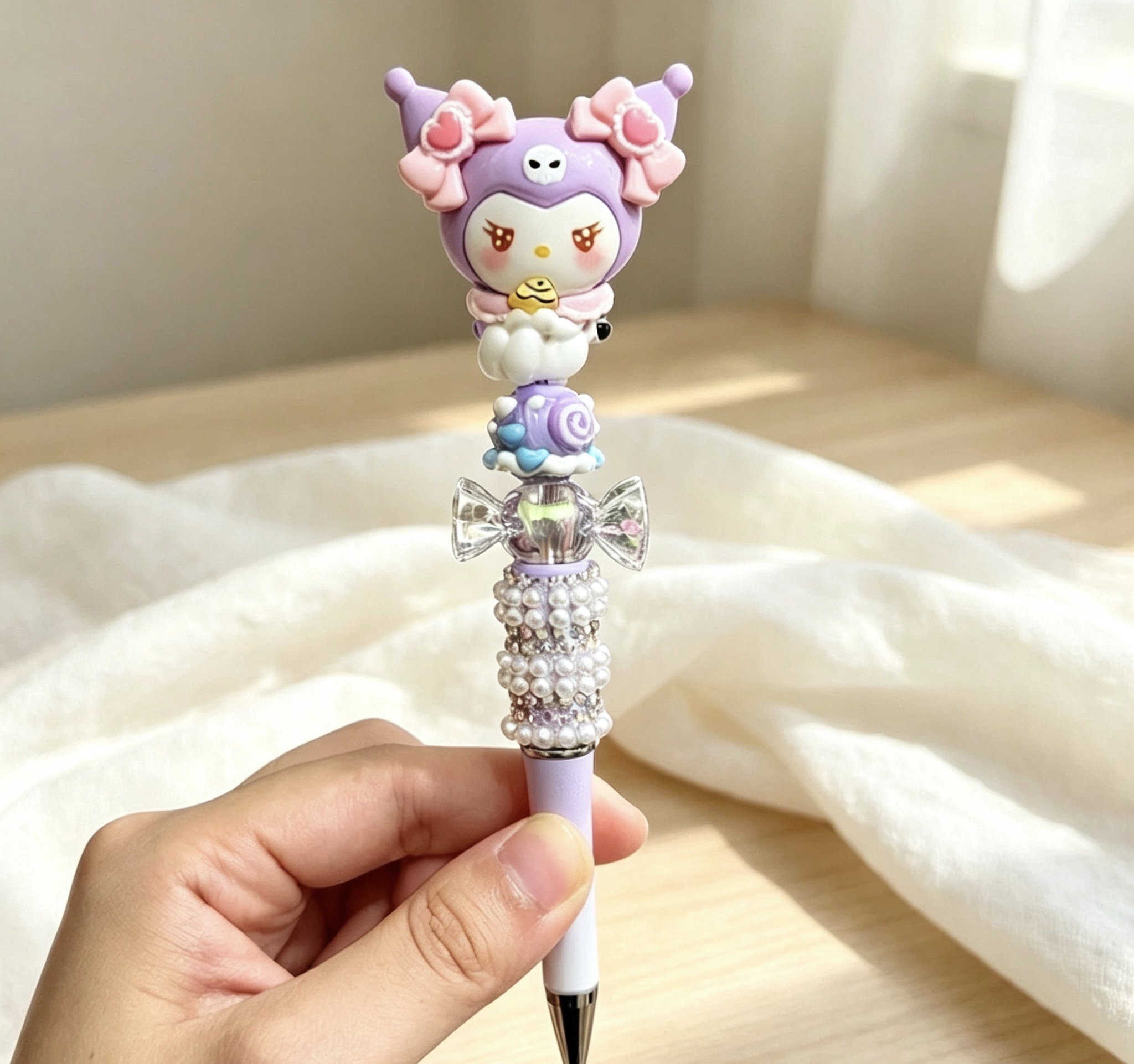 Purple Kuromi Doll Beaded Ballpoint Pen, Handmade DIY Bead Pen Cute Stationery Gift
