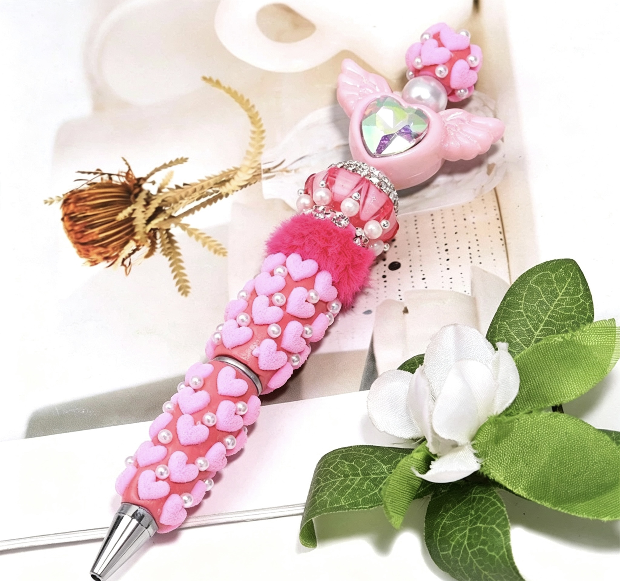 Pink Angel Heart Beaded Pen, Handmade Fluffy Pom Pom Decorative Ballpoint Pen, Kawaii Girls Stationery Gift