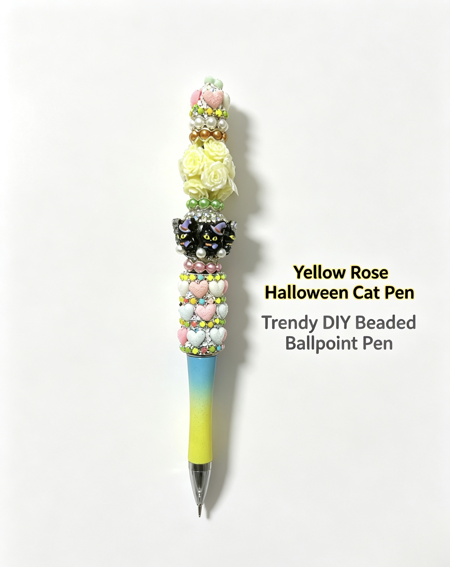 Trendy DIY Beaded Ballpoint Pen, Yellow Rose Halloween Cat Pen, Handmade Cute Decorative Stationery Gift