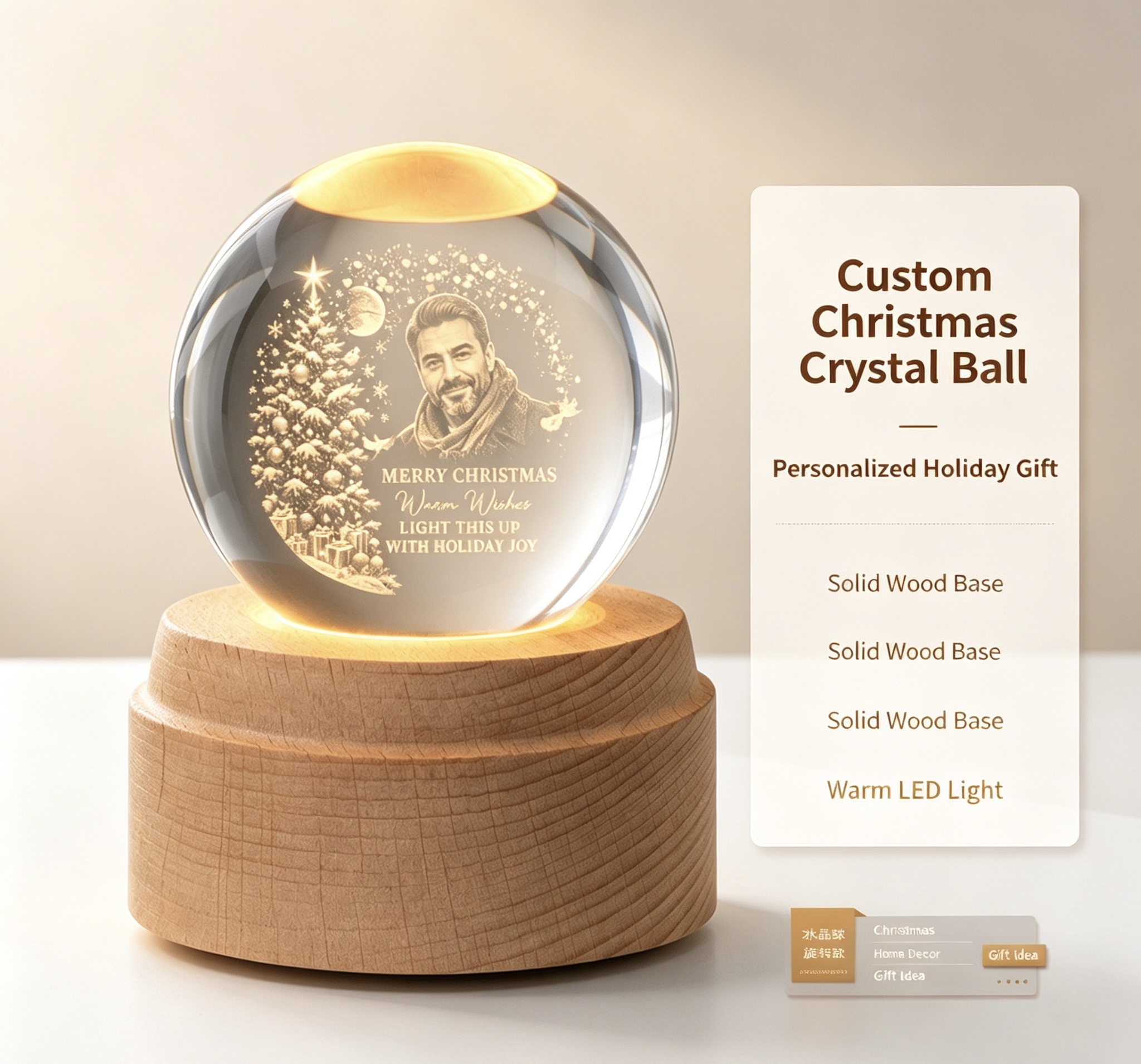Custom Photo Christmas Crystal Ball Lamp | Personalized 3D Engraved Sphere With Warm LED Wooden Base