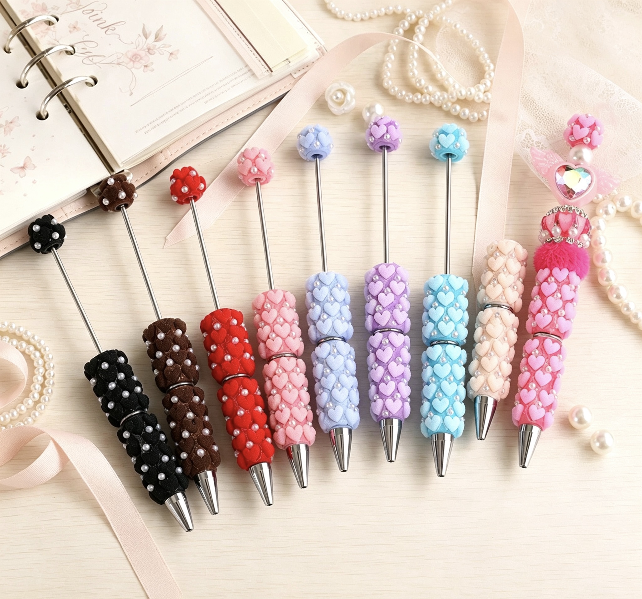 Pink Angel Heart Beaded Pen, Handmade Fluffy Pom Pom Decorative Ballpoint Pen, Kawaii Girls Stationery Gift