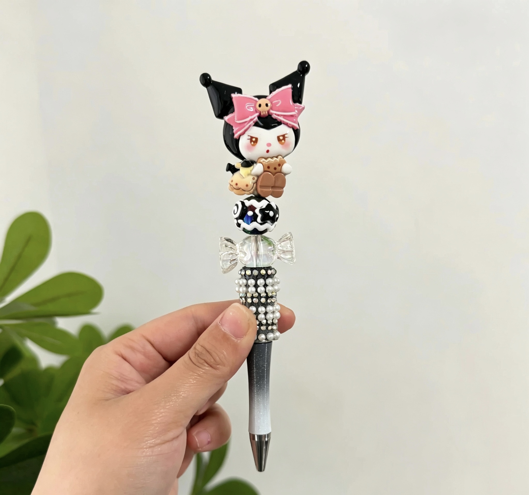 Black Kuromi Doll Beaded Ballpoint Pen, Handmade DIY Bead Pen Cute Stationery Gift