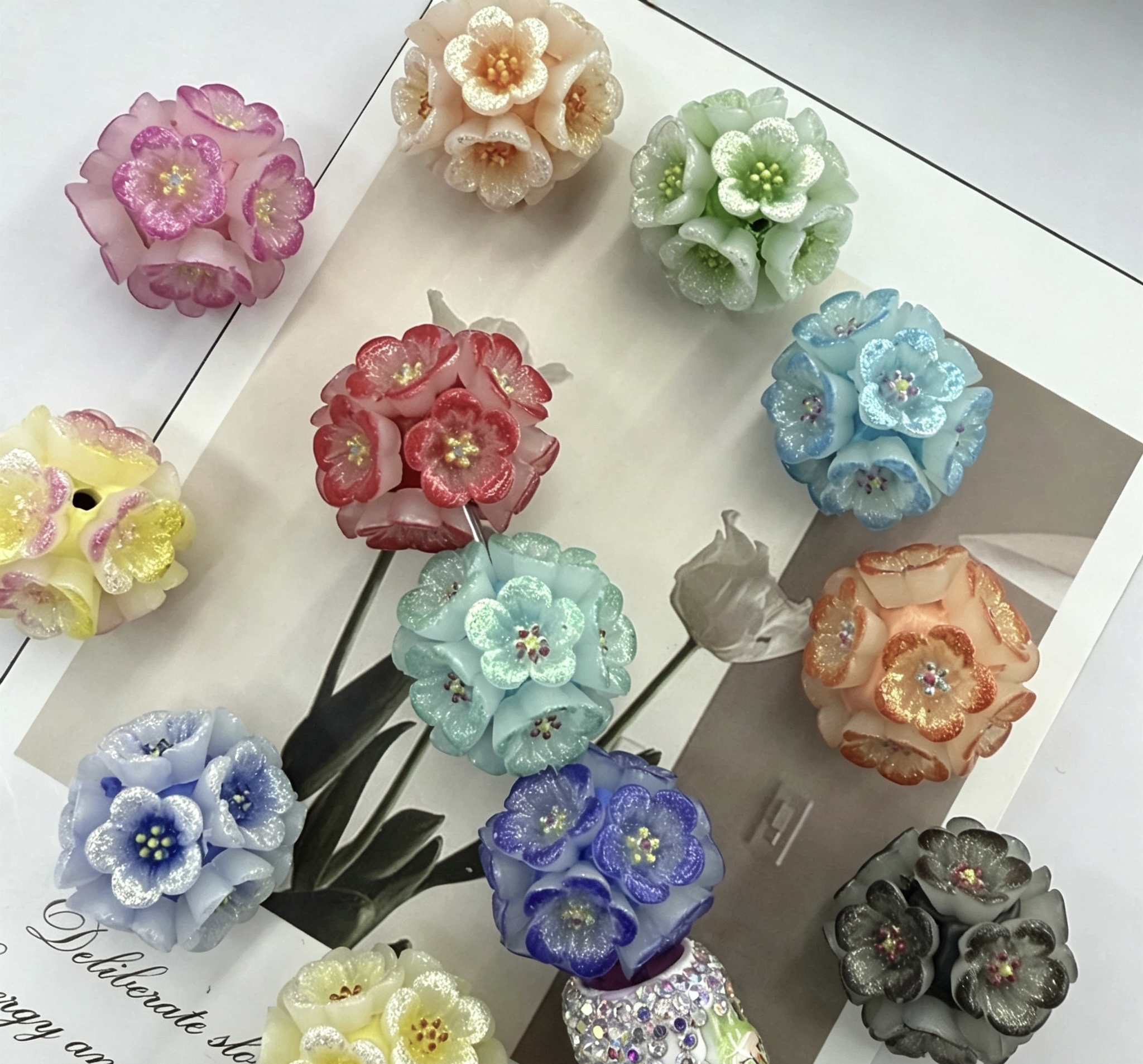 Glitter Flower Cluster Spacer Beads, DIY Floral Craft Beads for Pen Making & Jewelry Accessories
