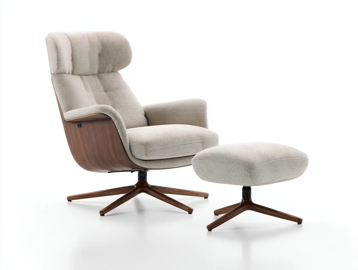 Loungesessel 83×89×104 cm - Stoff/Beige/Braun - Drehbarer Komfortsessel mit Holzschale und gepolstertem Fußhocker-Zariaradwell