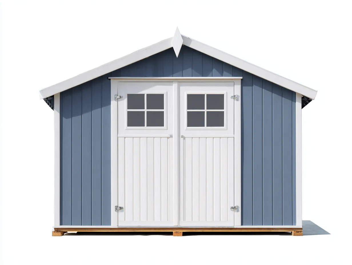 Gartenhäuschen 270×220×250 cm - Holzoptik - blau/weiß - für den Garten - mit Fenstertüren und Giebeldach-Zariaradwell