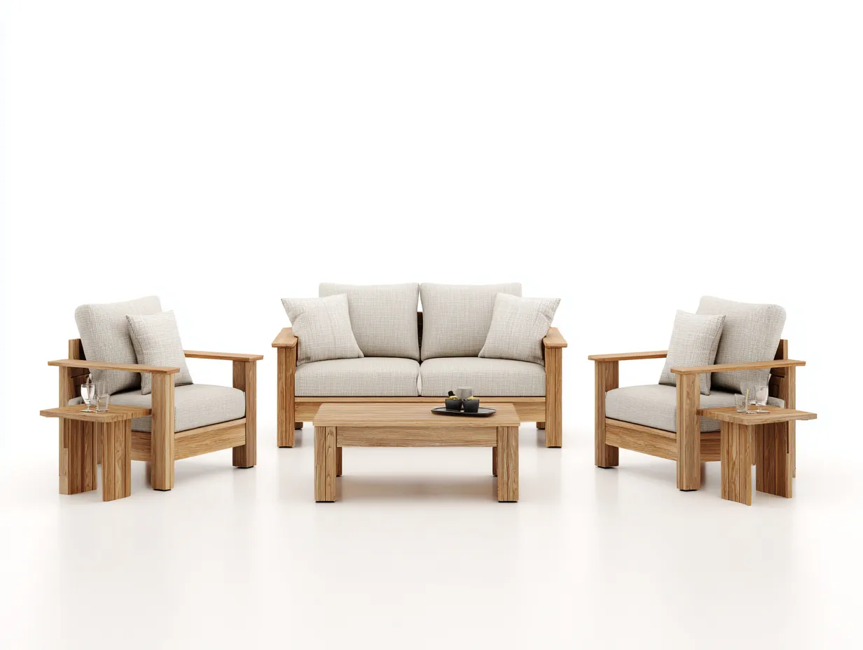 Gartentisch- und Stuhlset 280×220×84 cm - Holz und Stoff - beige/holz - für Terrasse und Garten - 6-teiliges Sitzset-Zariaradwell