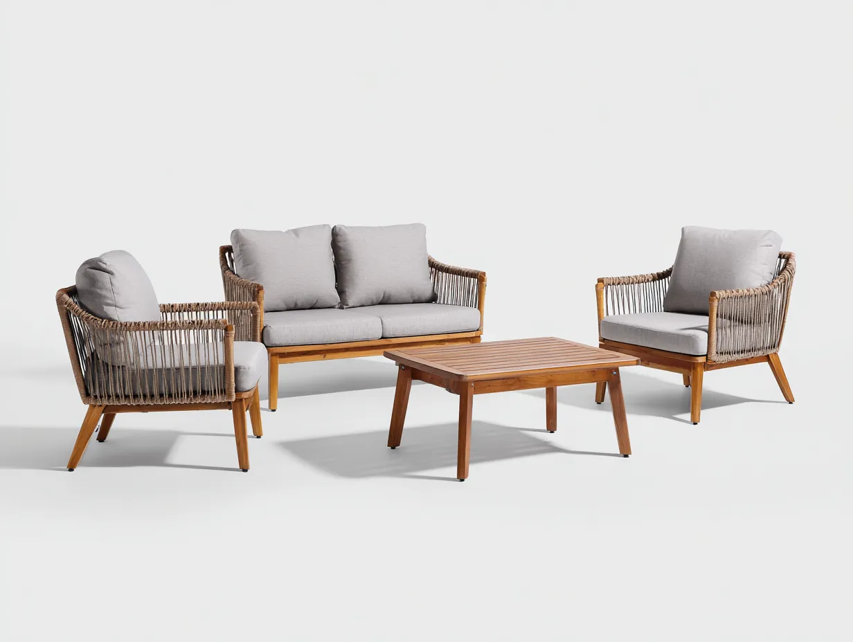 Holz-Gartentisch- und Stuhlset 270×220×88 cm - Braun Hellgrau - Seilgeflecht für Im Freien-Zariaradwell