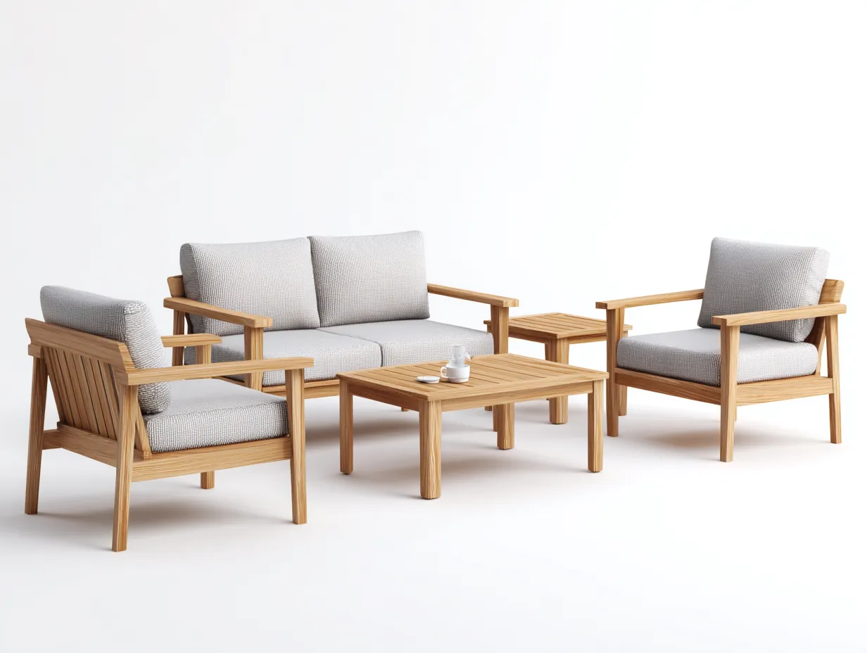 Gartentisch- und Stuhlset 300×220×84 cm - Holz/Hellgrau - Outdoor-Loungegruppe mit Zweisitzer und zwei Holztischen-Zariaradwell