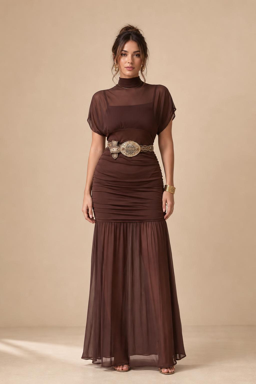 Front view of the brown mock neck ruched mesh maxi dress