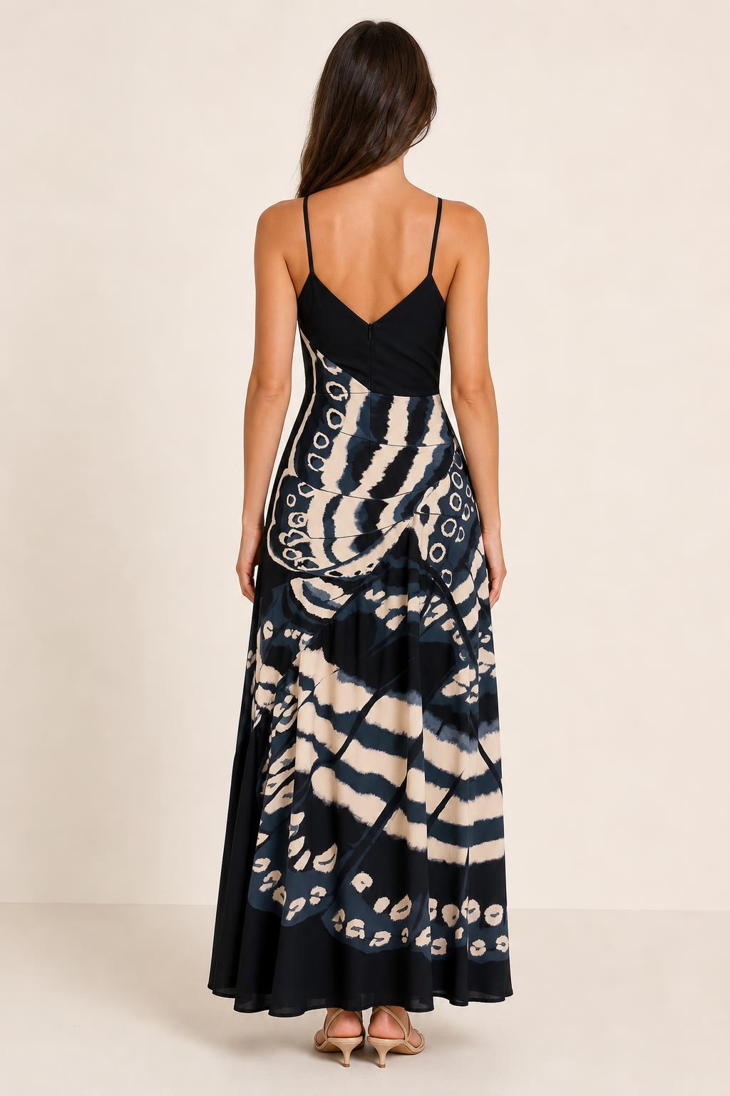Womens black V-neck butterfly print maxi dress back view