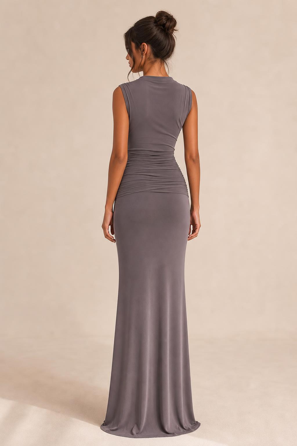 Back view of charcoal maxi dress