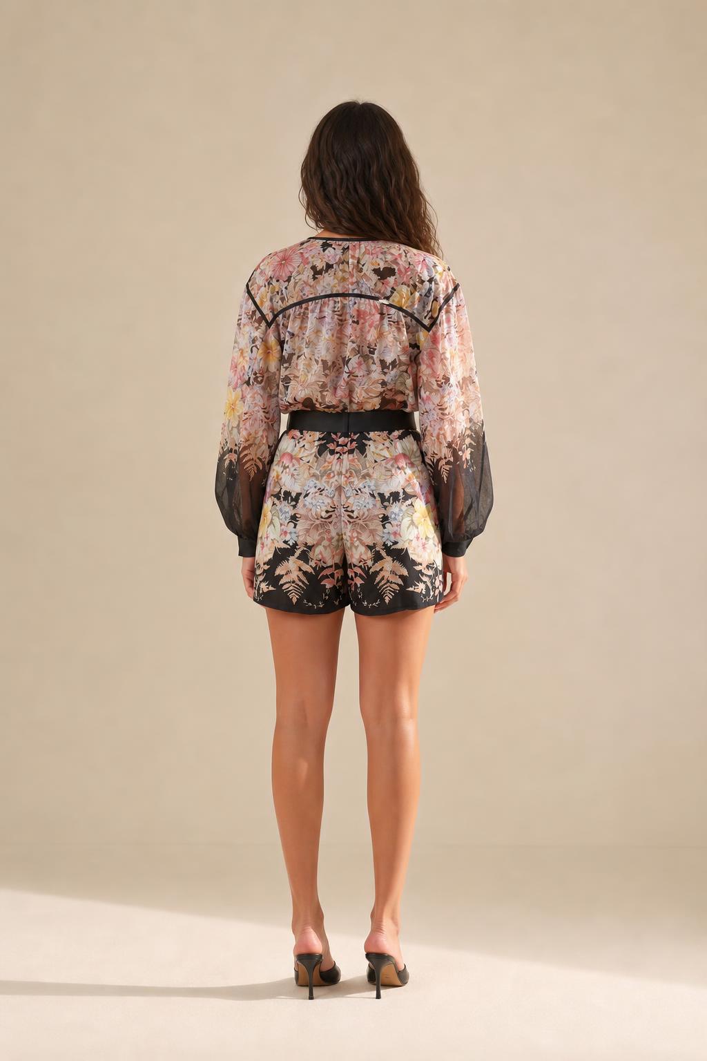 Back view of floral romper showing shorts length and overall fit