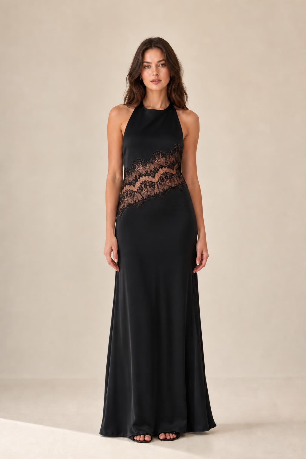 Front view of black halter neck maxi dress with lace insert