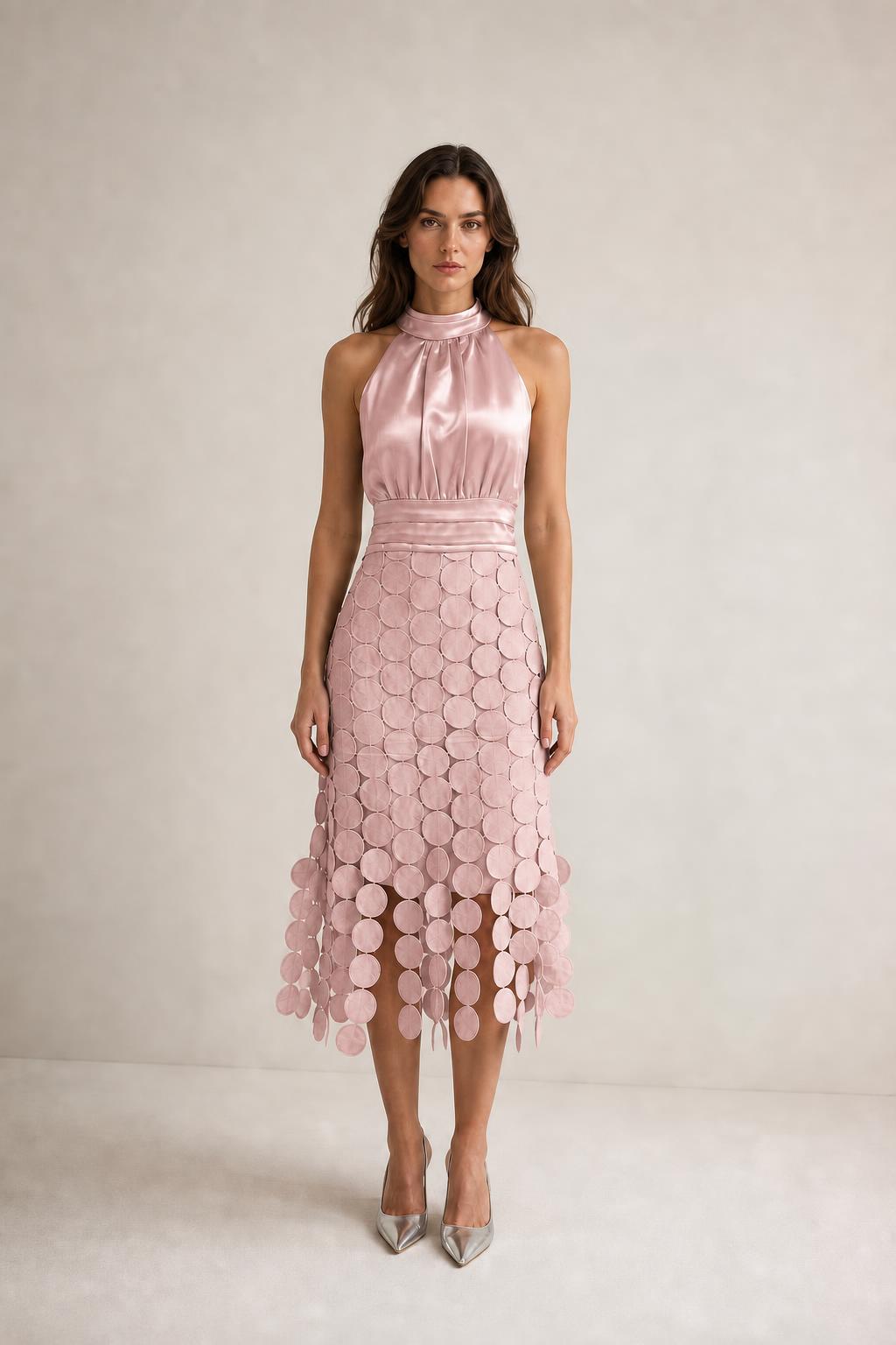 Front view of pink satin halter neck midi dress