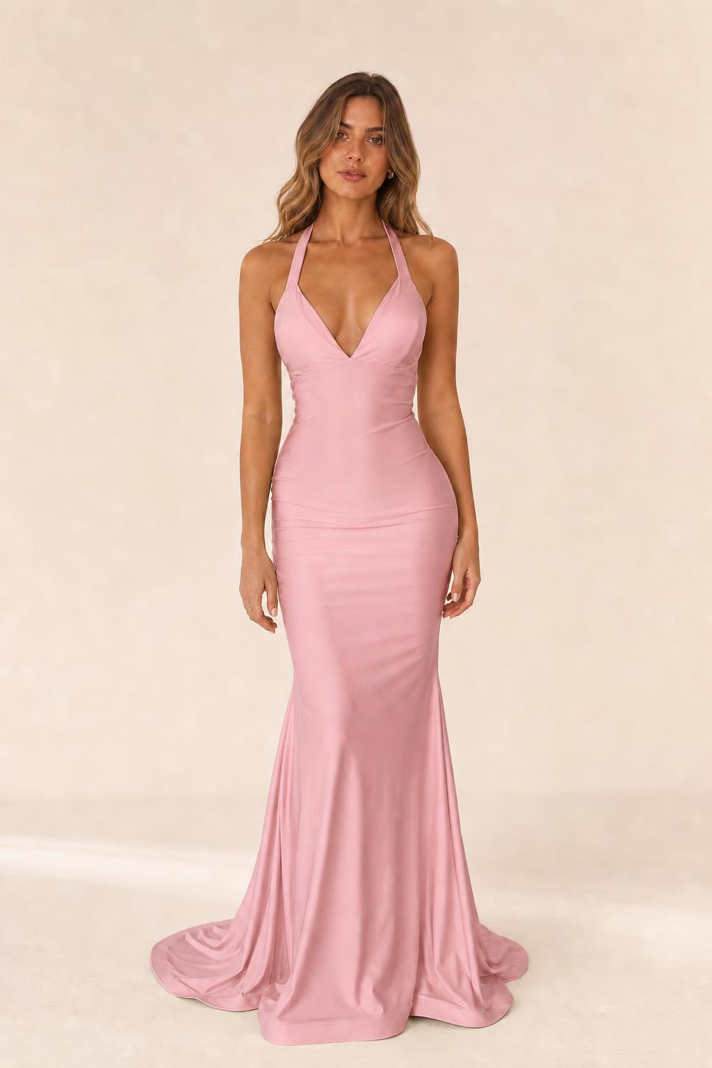 Front view of pink halter maxi dress