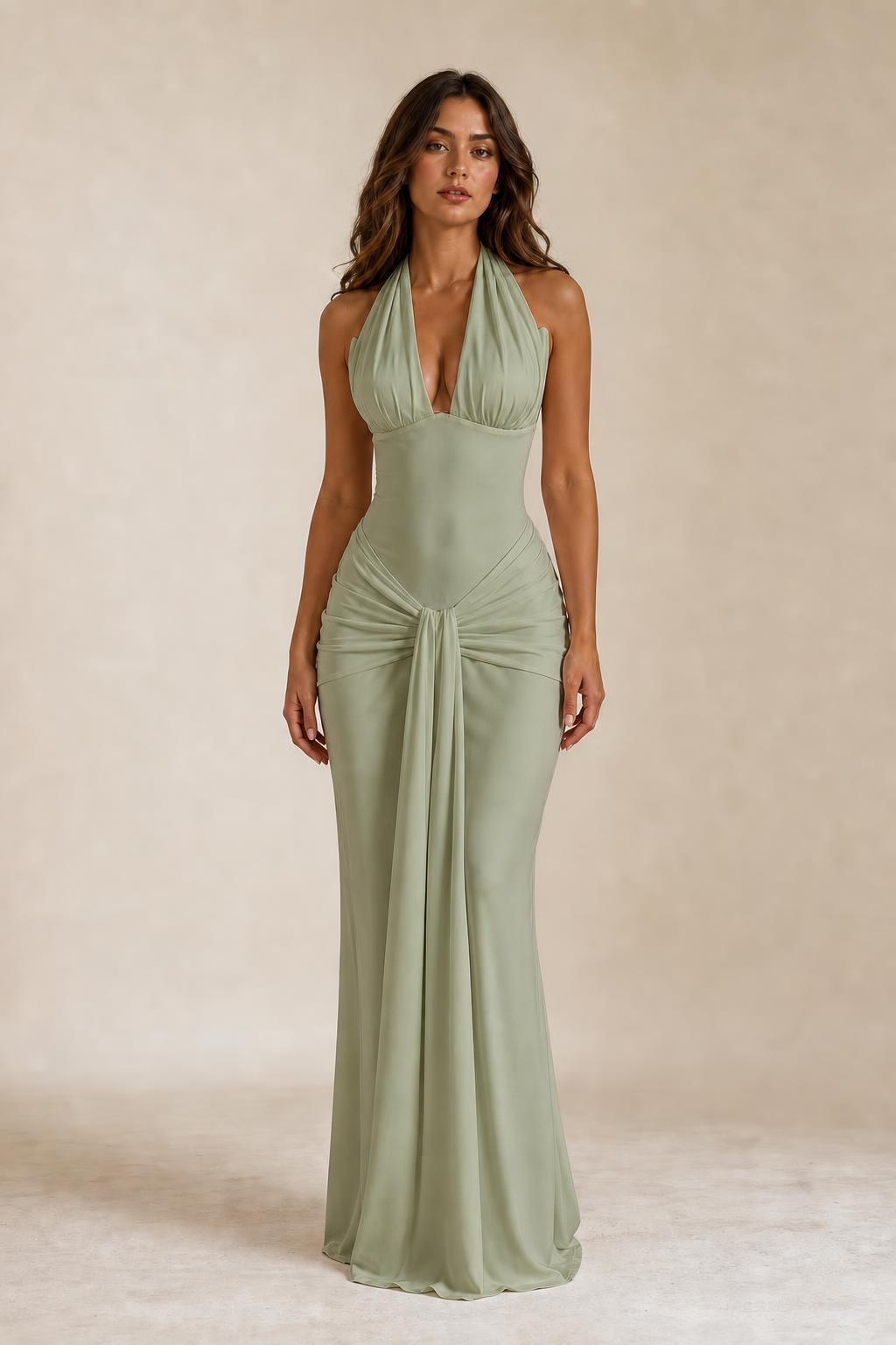 Front view of woman wearing sage green draped halter neck maxi dress