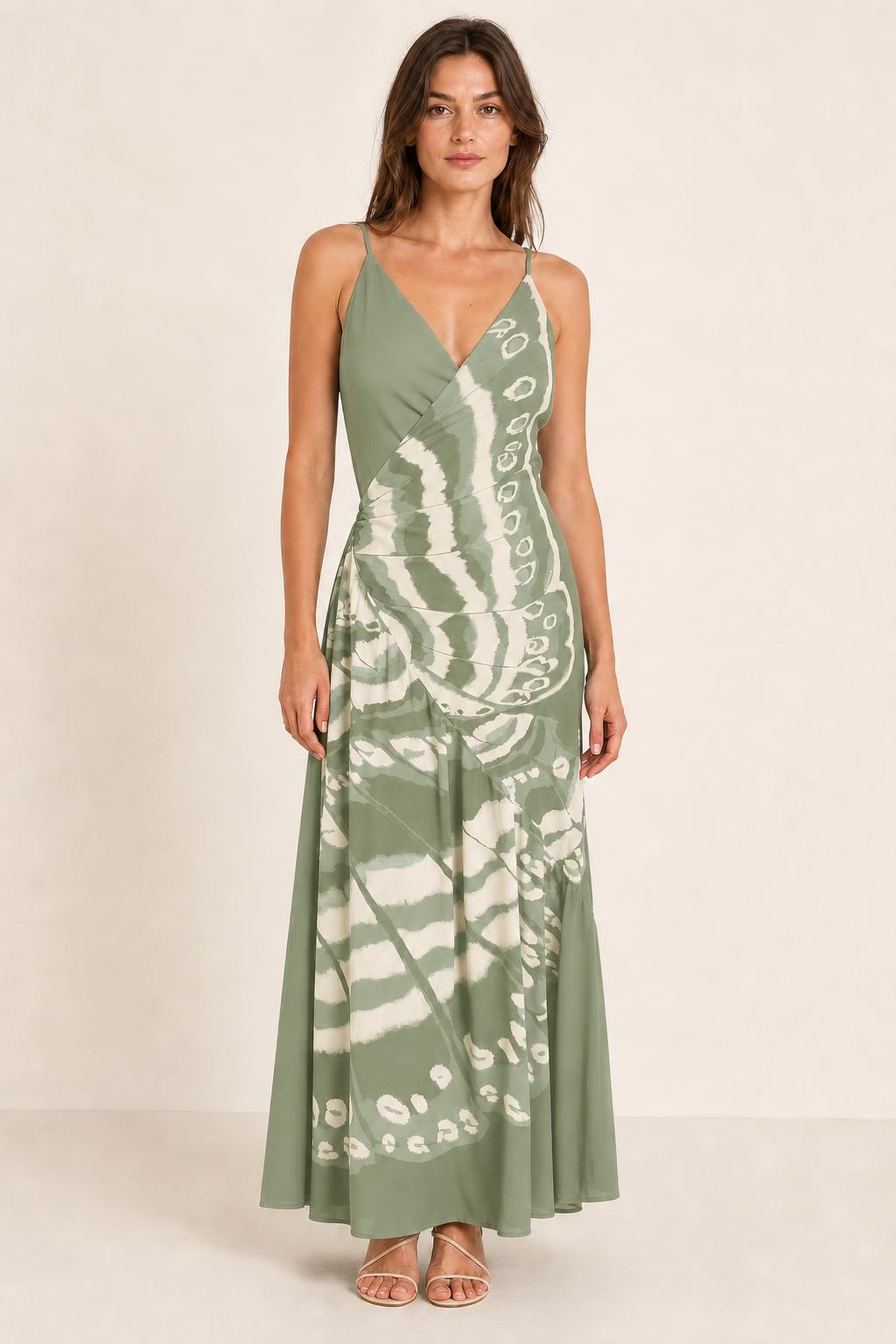 Womens sage V-neck butterfly print maxi dress