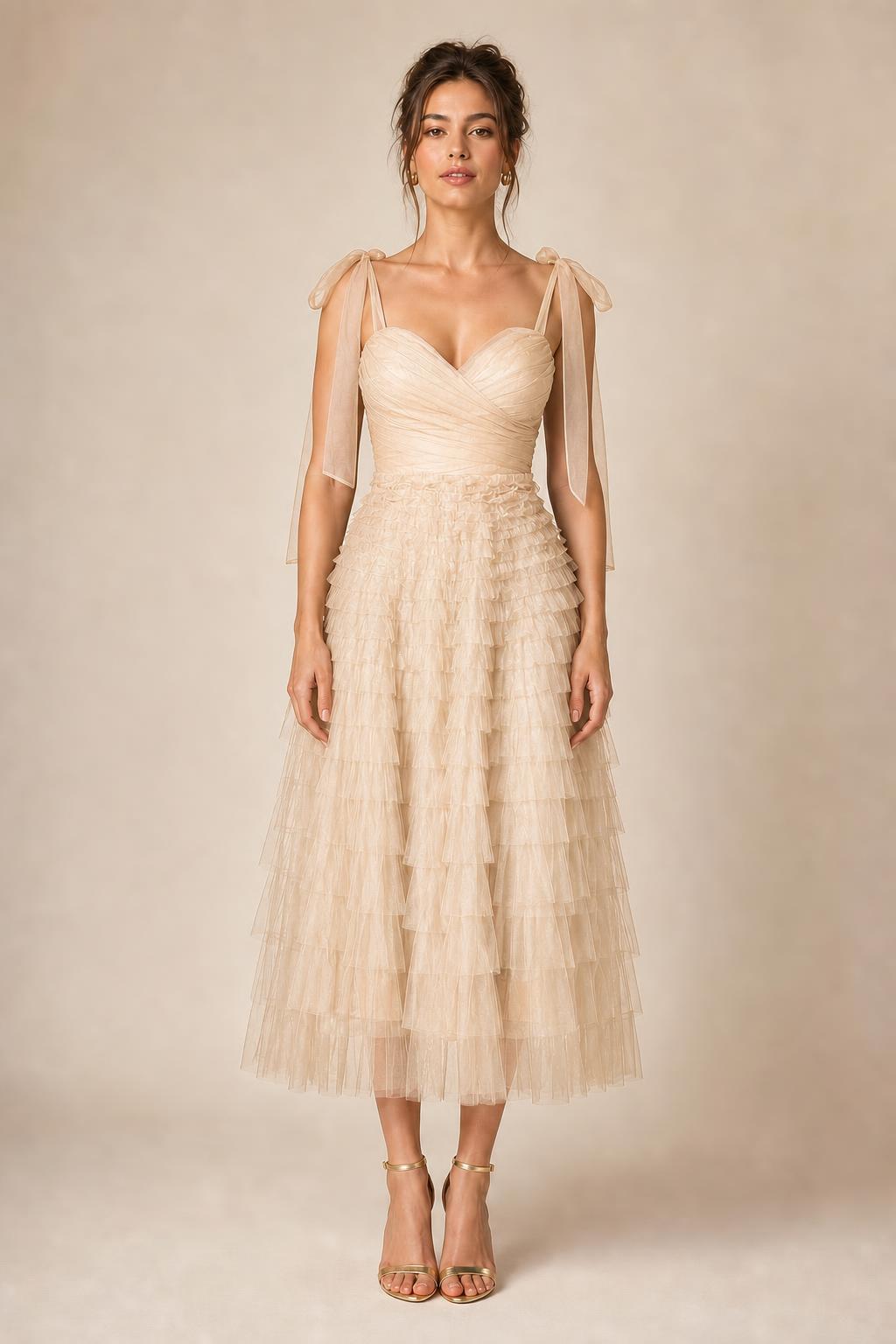 Ethereal Tiered Tulle Midi Dress in Champagne