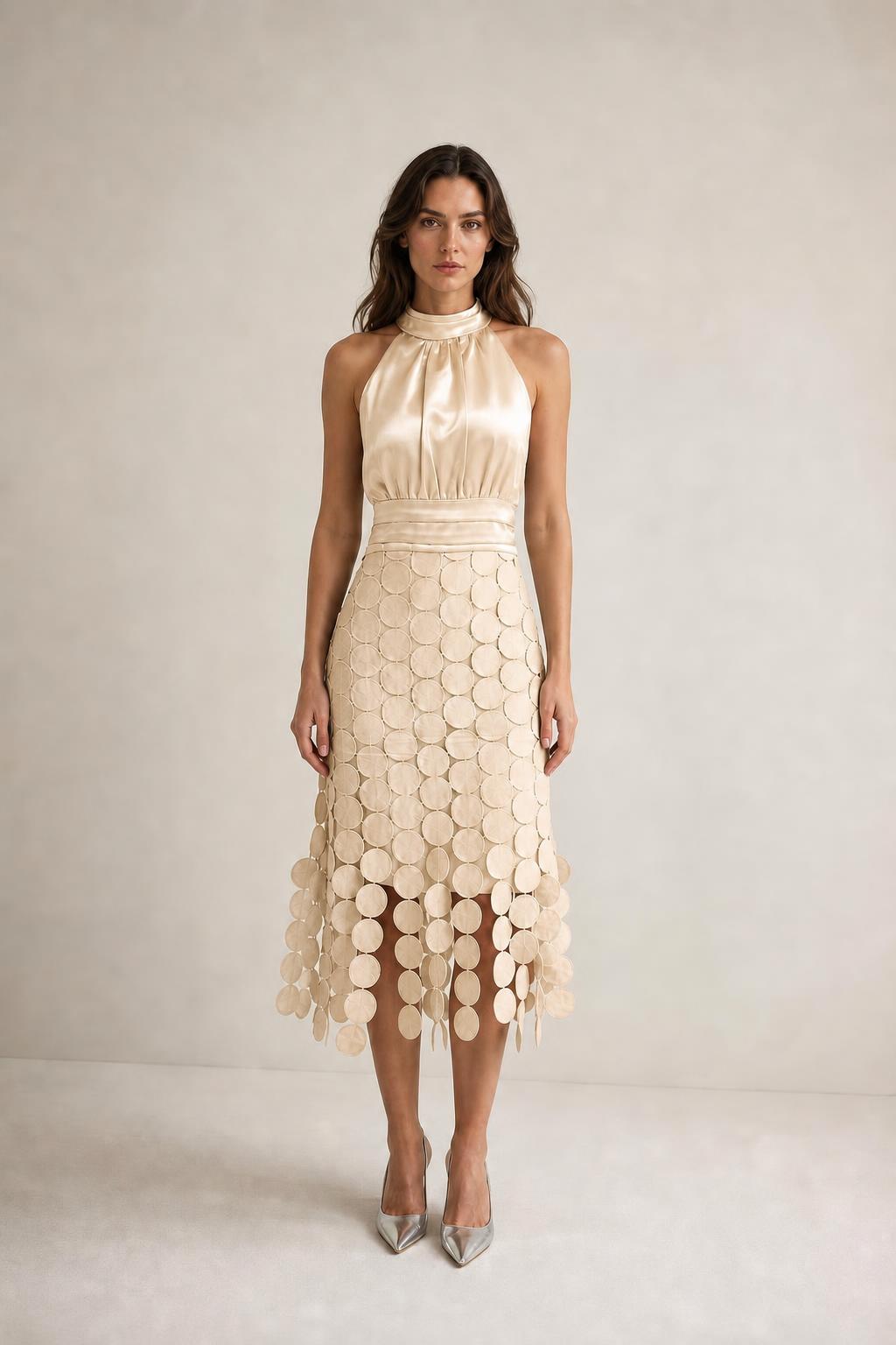 Front view of champagne satin halter neck midi dress