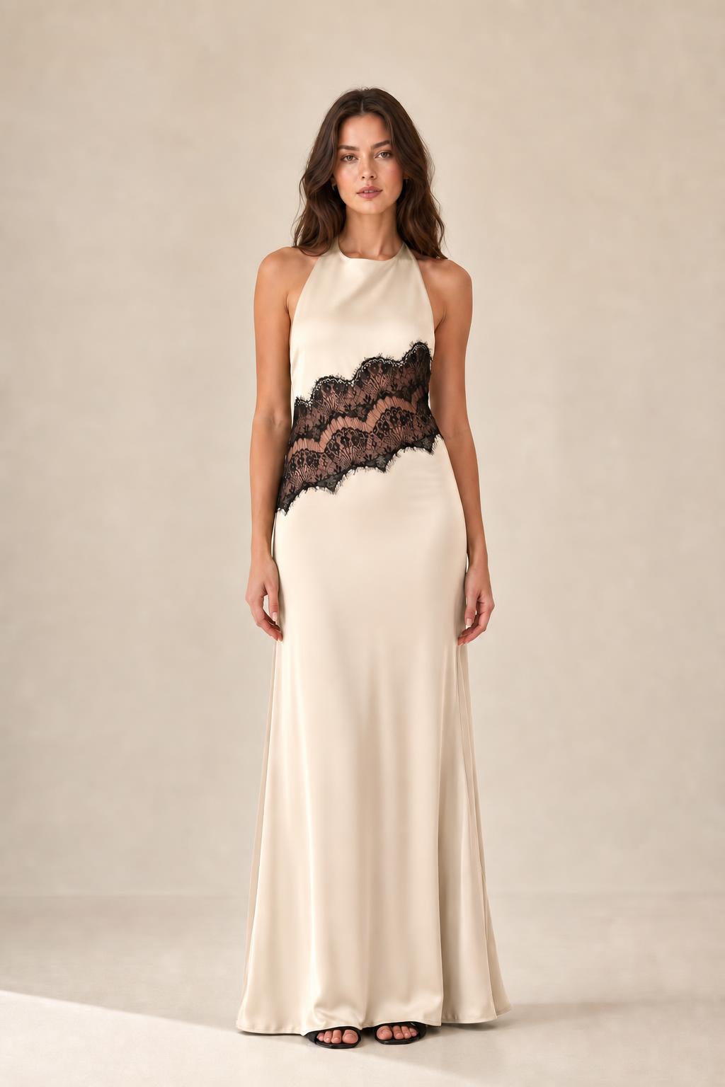 Front view of champagne halter neck maxi dress with lace insert