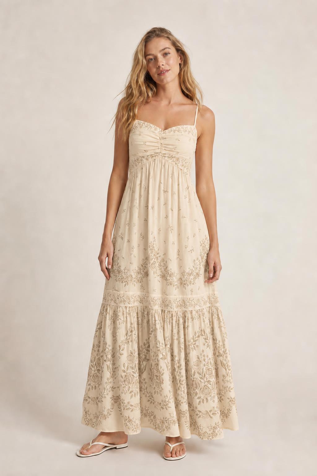 Full length view showcasing tiered skirt drape