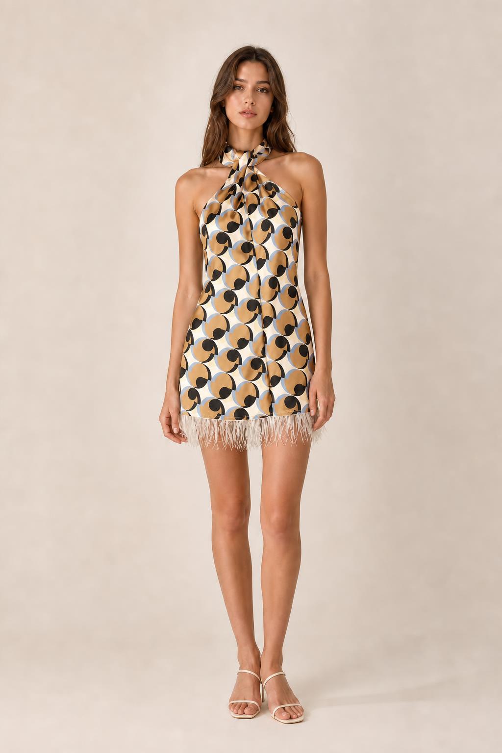 Front view of multi color variant geometric halter mini dress