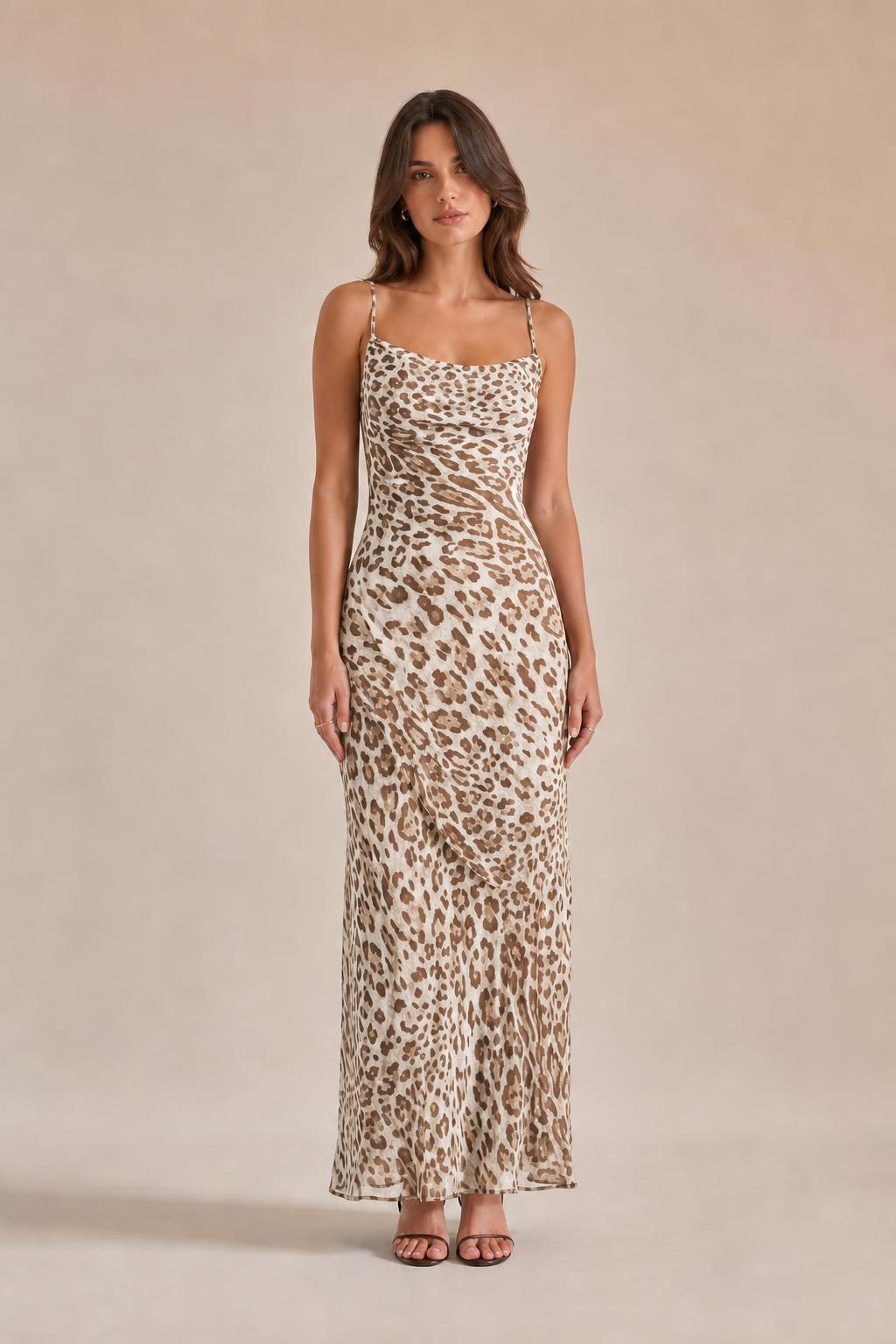 Additional styled shot of brown leopard print maxi slip dress