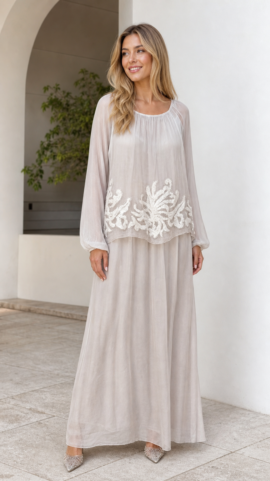 Champagne embroidered overlay long sleeve maxi dress front view