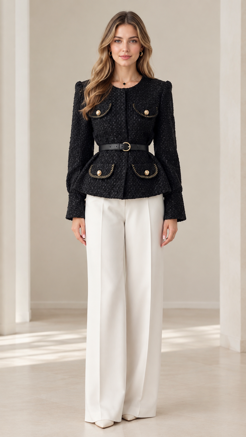Front full-length view of model wearing black belted tweed peplum jacket with white trousers