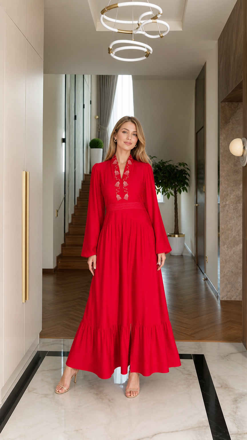 Red long sleeve embroidered tiered maxi dress front full view