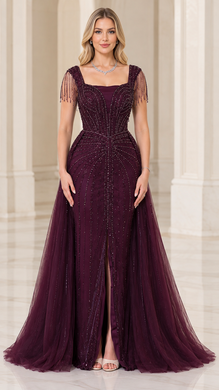 Front view of woman wearing burgundy square neck beaded evening gown with front slit and tulle overskirt