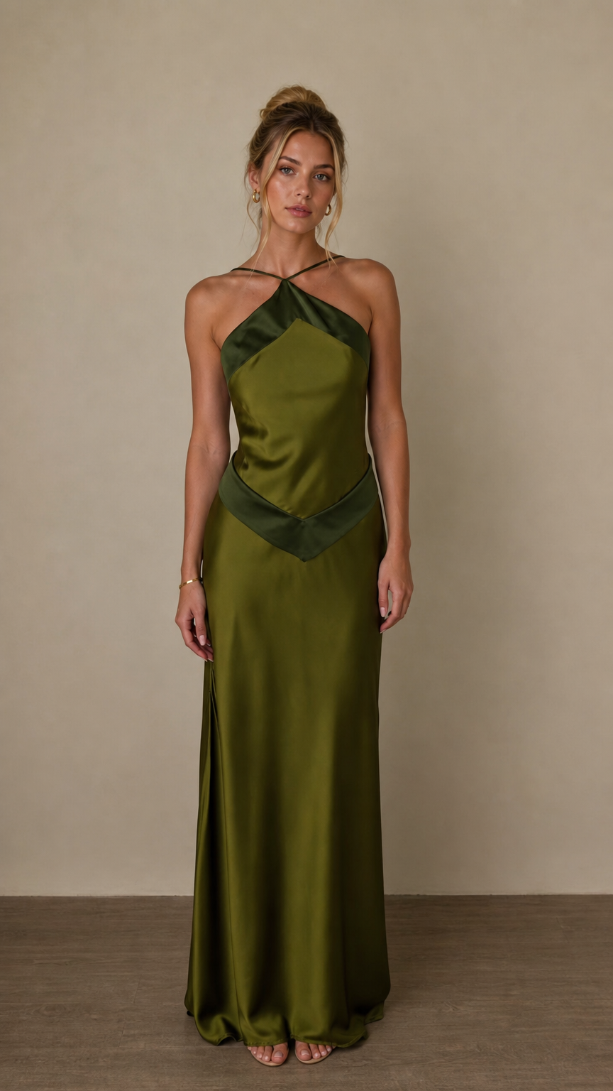 Front view of olive satin halter maxi dress on model
