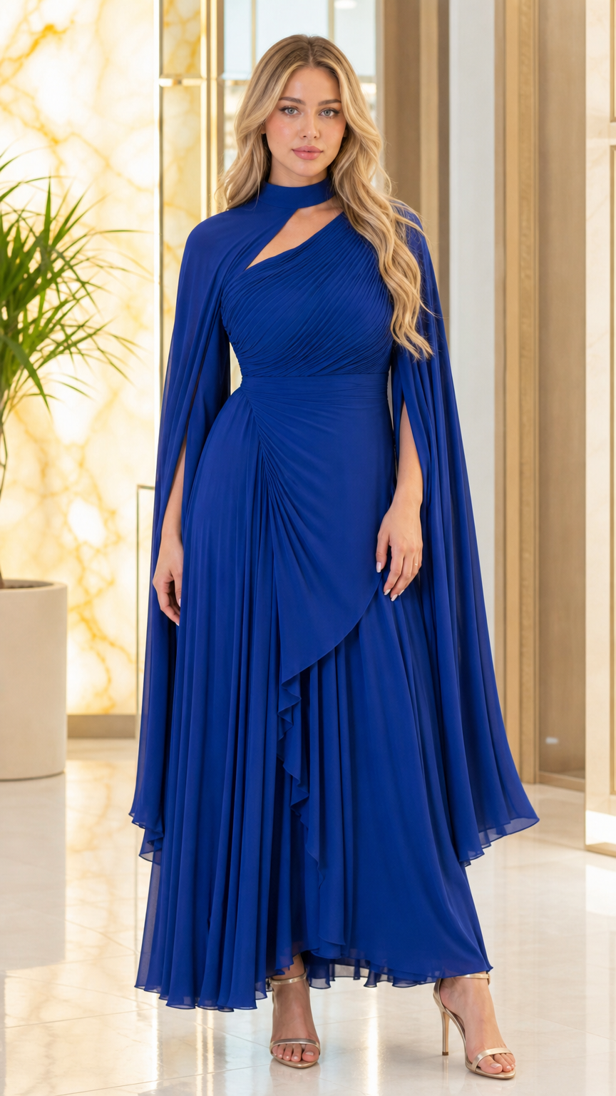 Front view of royal blue asymmetric cutout pleated cape sleeve maxi gown