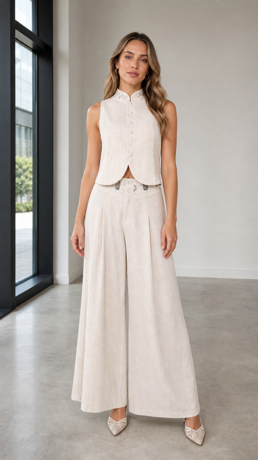 Front view of woman wearing beige sleeveless vest and wide-leg pants set
