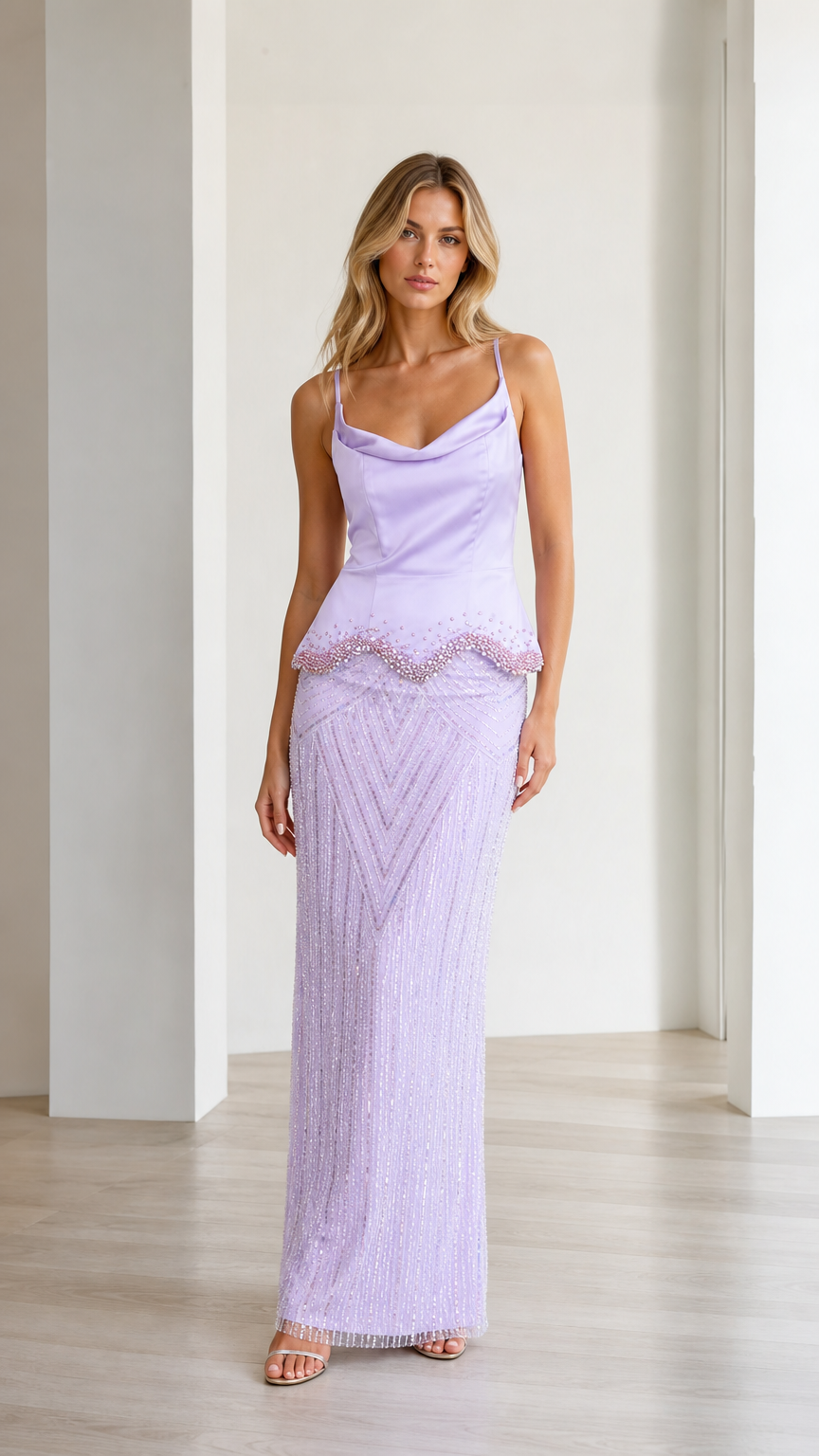 Elegance Beaded Cami Peplum Maxi Dress in Lavender front view