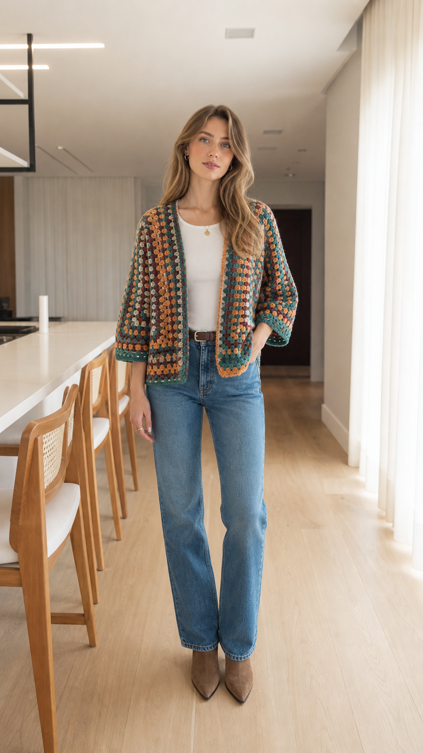 Front view of woman wearing Teal Multi crochet open front cardigan jacket with jeans