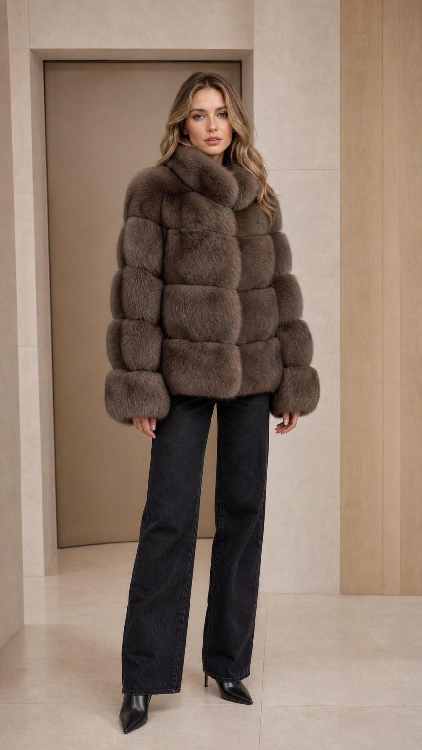 Front view of model wearing taupe paneled faux fur jacket with wide-leg jeans