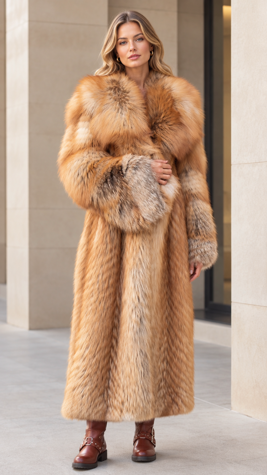 Front full-length view of woman wearing honey brown plush faux fur maxi coat with boots