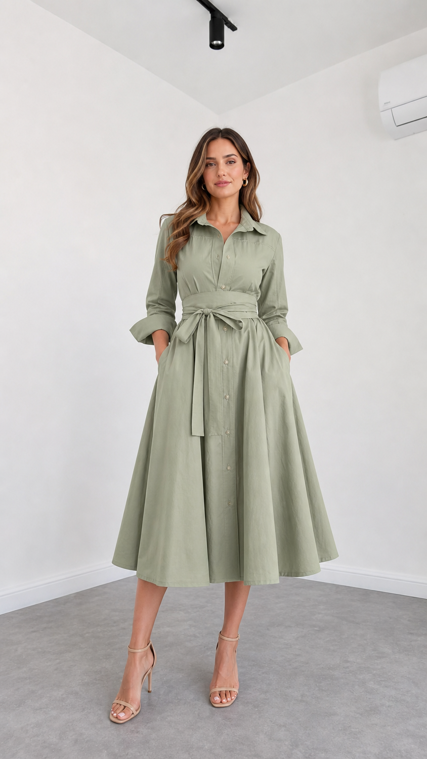 Front view of model wearing Sage Green button-down belted midi shirt dress