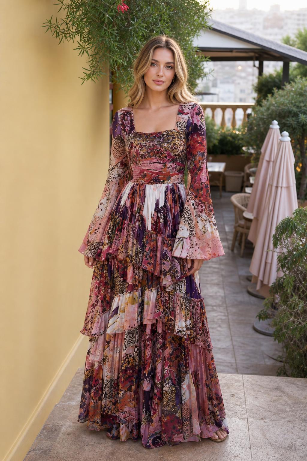 Front view of model wearing multi-color printed long sleeve ruffle maxi dress
