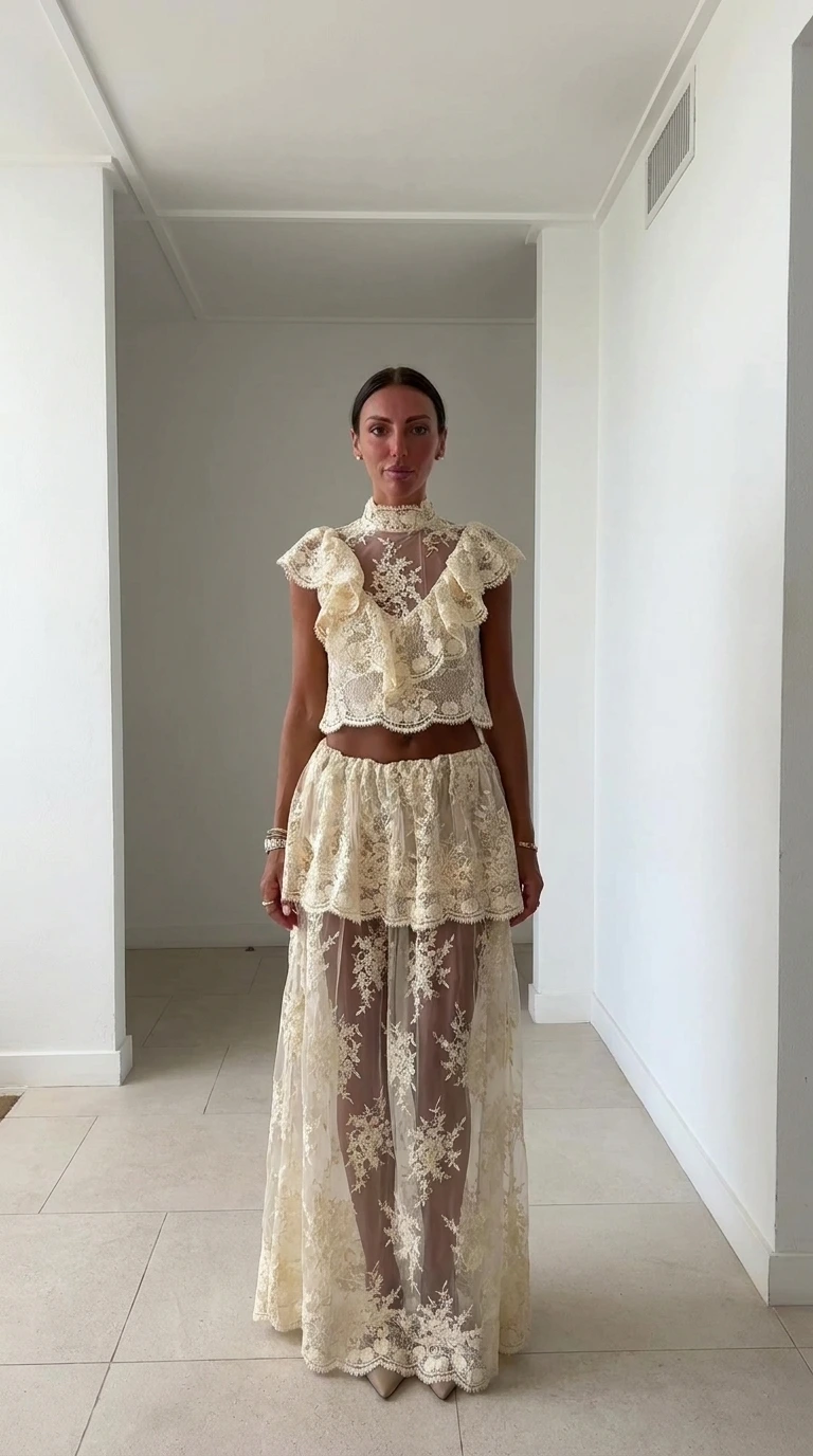 Front view of model wearing ivory lace two-piece set