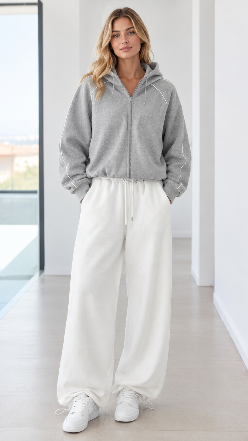 Full front view of model wearing heather grey zip hoodie and off-white wide-leg sweatpants
