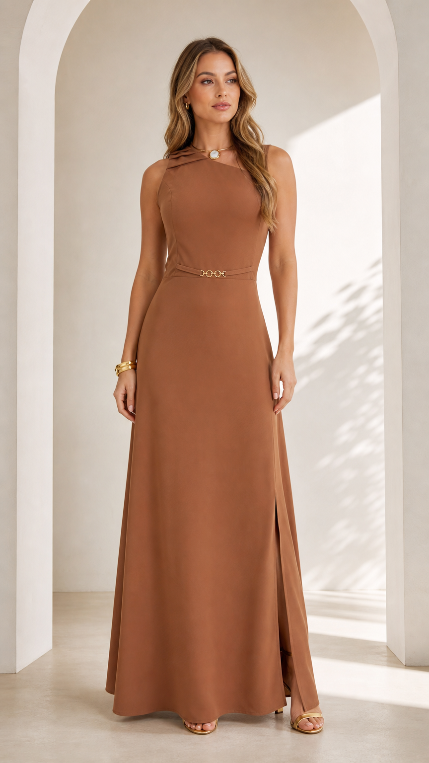 Front full view of woman wearing caramel brown sleeveless asymmetrical maxi dress with chain waist detail