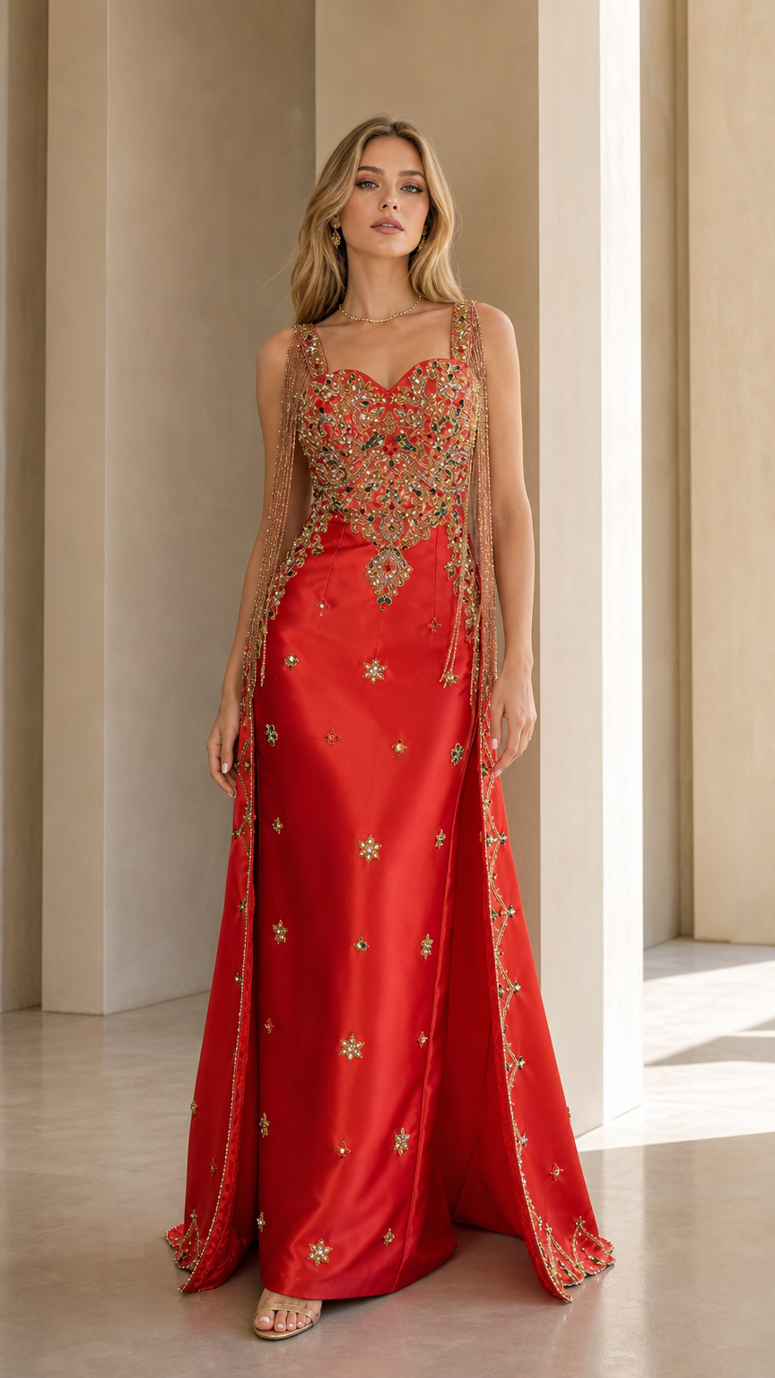 Red embellished evening gown front view