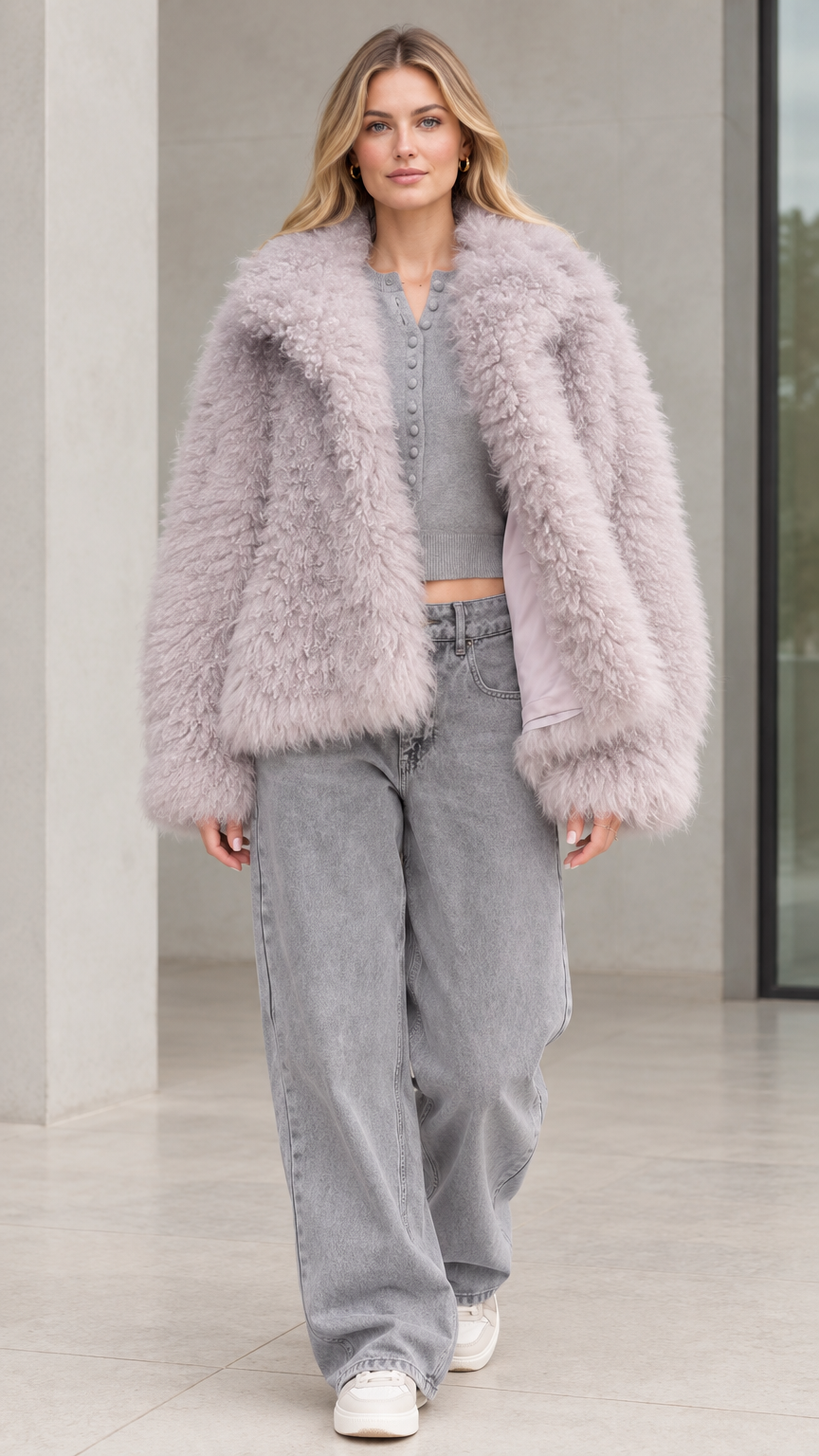 Front view of model wearing dusty lilac textured shaggy faux fur jacket with wide-leg jeans