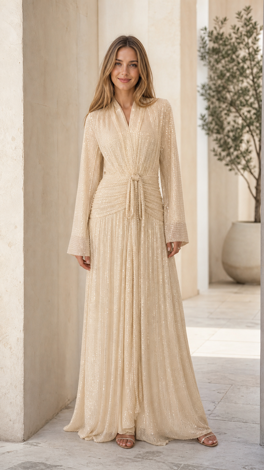 Champagne pleated shimmer long sleeve maxi dress front view
