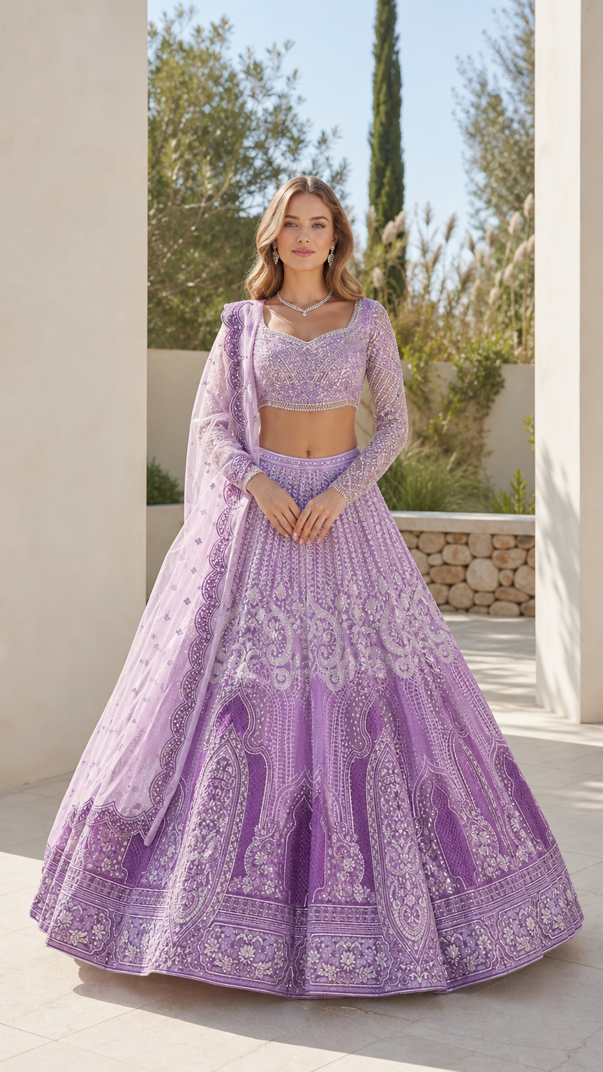 Full front view of women's lavender embroidered lehenga choli set with matching dupatta