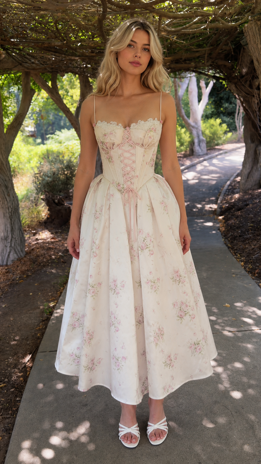 Front view of cream floral lace-up corset midi dress
