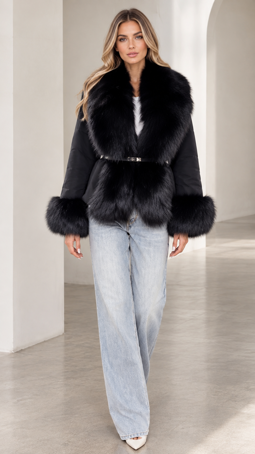 Front view of model wearing black belted jacket with plush faux fur collar and cuffs