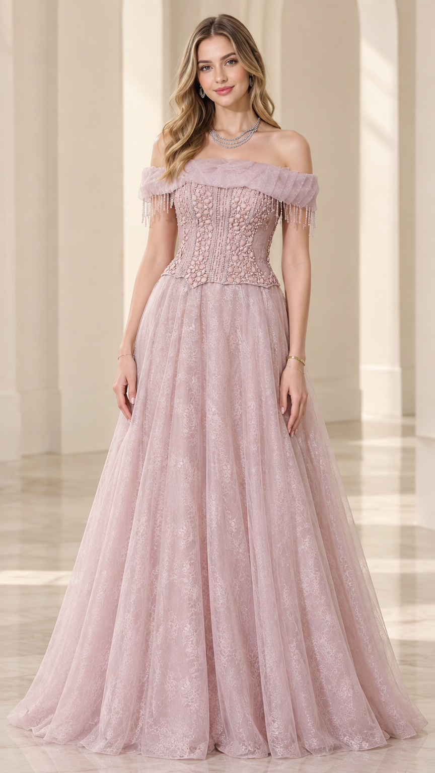 Dusty rose off-the-shoulder beaded corset evening gown with lace skirt front view